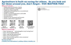 Postcard listing warning signs of farm stress and links to local mental health resources